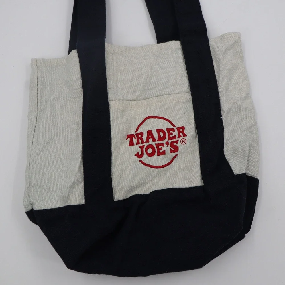 Trader Joe's Mini Canvas Tote Bag Small Navy Blue Cream Embroidered Reusable EUC